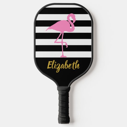 Roze Flamingo Gold Script Name Black White Stripes Pickleball Paddle (Voorkant)