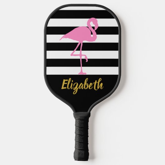 Roze Flamingo Gold Script Name Black White Stripes Pickleball Paddle (Achterkant)