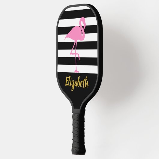 Roze Flamingo Gold Script Name Black White Stripes Pickleball Paddle (Links)