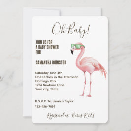 Roze Flamingo Green White Stripes Baby shower Kaart