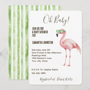 Roze Flamingo Green White Stripes Baby shower Kaart