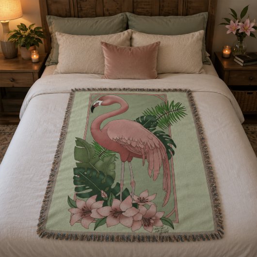 Roze Flamingo Groene Bladeren Lelie Deken