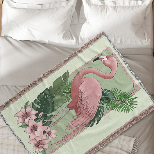 Roze flamingo groene bladeren Lily Deken