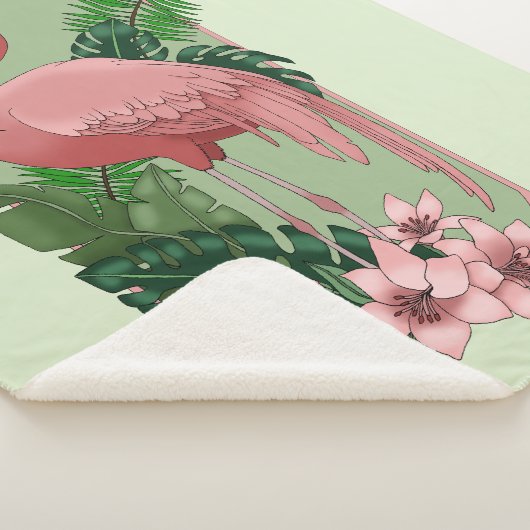 Roze flamingo groene bladeren Lily Sherpa Deken (3/4)