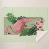 Roze flamingo groene bladeren Lily Sherpa Deken (Voorkant (horizontaal))