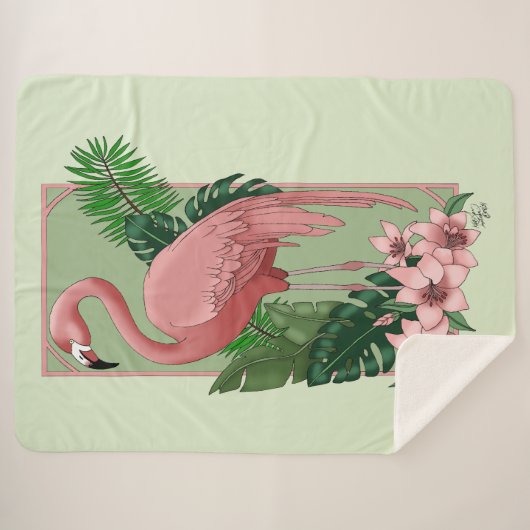 Roze flamingo groene bladeren Lily Sherpa Deken (Voorkant (horizontaal))