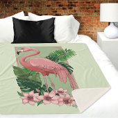 Roze flamingo groene bladeren Lily Sherpa Deken