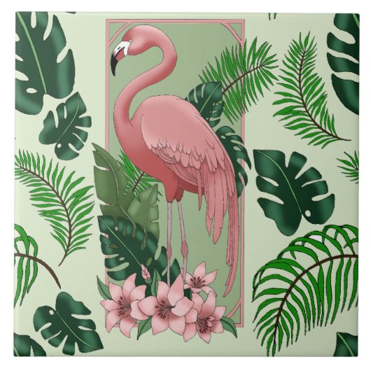 Roze flamingo groene bladeren Lily Tegeltje (Voorkant)