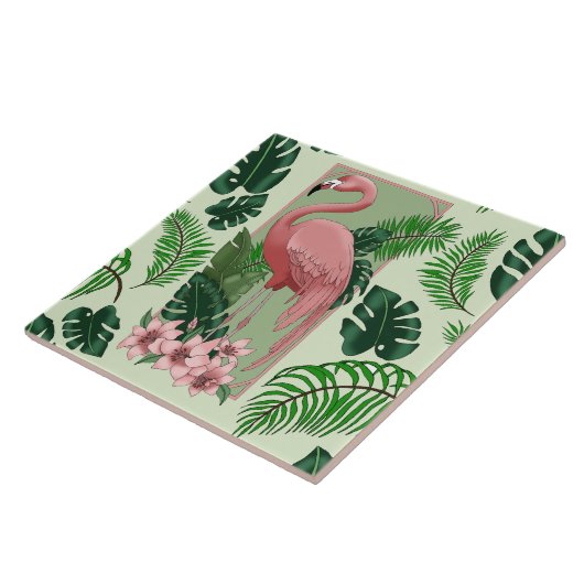 Roze flamingo groene bladeren Lily Tegeltje (Zijkant)