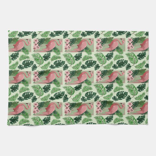 Roze flamingo groene bladeren Lily Theedoek (Horizontaal)