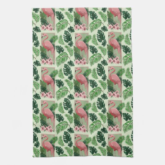 Roze flamingo groene bladeren Lily Theedoek (Verticaal)