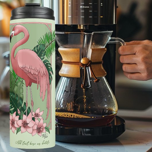 Roze flamingo groene bladeren Lily Thermosbeker
