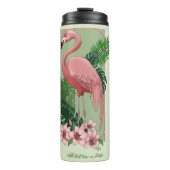 Roze flamingo groene bladeren Lily Thermosbeker (Voorkant)