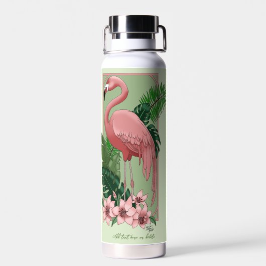 Roze flamingo groene bladeren Lily Waterfles (Achterkant)