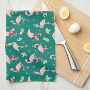 Roze Flamingo Groene Kerst Vakantiepatroon Theedoek