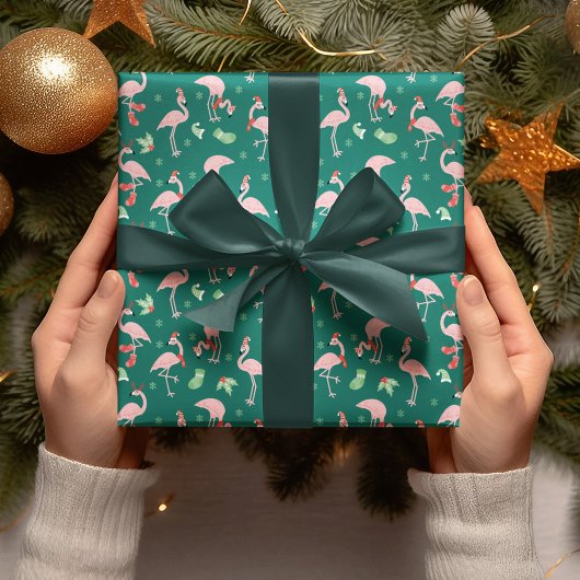 Roze Flamingo Groene Kerstvakantie Patroon Cadeaupapier