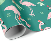 Roze Flamingo Groene Kerstvakantie Patroon Cadeaupapier (Rol Hoek)
