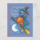 ROZE FLAMINGO HEKS, VLIEGEN OVER MAAN OP EEN BEZEM FEESTDAGENKAART (Voorkant)