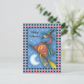 ROZE FLAMINGO HEKS, VLIEGEN OVER MAAN OP EEN BEZEM FEESTDAGENKAART (Staand voorkant)