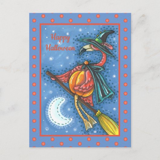 ROZE FLAMINGO HEKS, VLIEGEN OVER MAAN OP EEN BEZEM FEESTDAGENKAART (Voorkant)