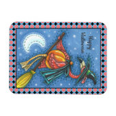 ROZE FLAMINGO HEKS, VLIEGEN OVER MAAN OP EEN BEZEM MAGNEET (Horizontaal)