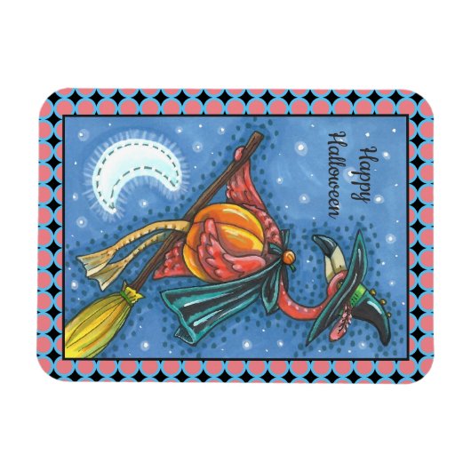 ROZE FLAMINGO HEKS, VLIEGEN OVER MAAN OP EEN BEZEM MAGNEET (Horizontaal)