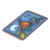 ROZE FLAMINGO HEKS, VLIEGEN OVER MAAN OP EEN BEZEM MAGNEET (Linkerzijde)