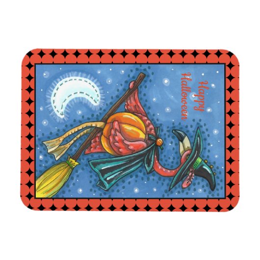 ROZE FLAMINGO HEKS, VLIEGEN OVER MAAN OP EEN BEZEM MAGNEET (Horizontaal)