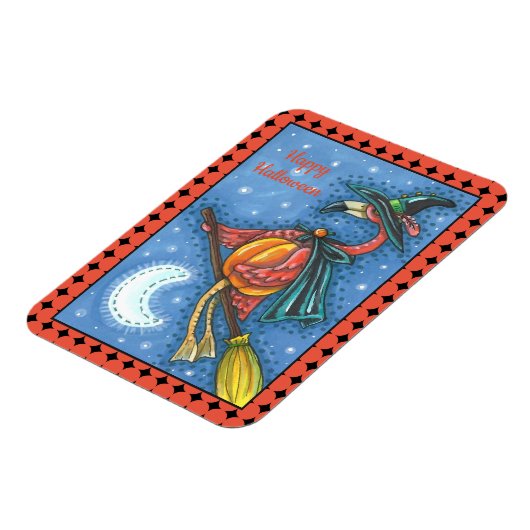 ROZE FLAMINGO HEKS, VLIEGEN OVER MAAN OP EEN BEZEM MAGNEET (Linkerzijde)