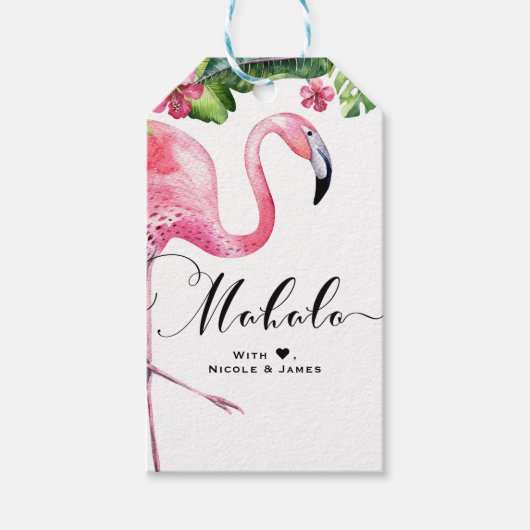 Roze Flamingo Hibiscus Bloemen Hawaï MAHALO ALOHA Cadeaulabel (Voorkant)