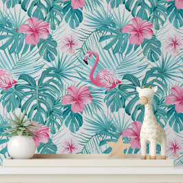 Roze Flamingo Hibiscus Bloemen Tropisch groen Behang