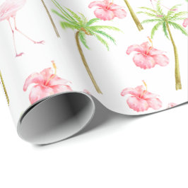 Roze Flamingo Hibiscus Bloemen Tropische palmbomen Cadeaupapier