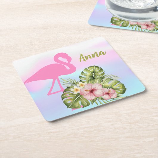 Roze flamingo Hibiscus Holographic Kartonnen Onderzetters (Schuin)