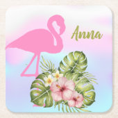 Roze flamingo Hibiscus Holographic Kartonnen Onderzetters (Voorkant)