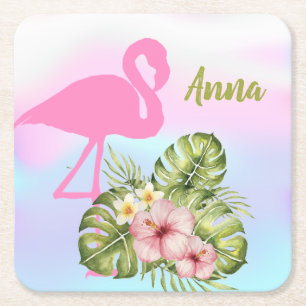 Roze flamingo Hibiscus Holographic Kartonnen Onderzetters