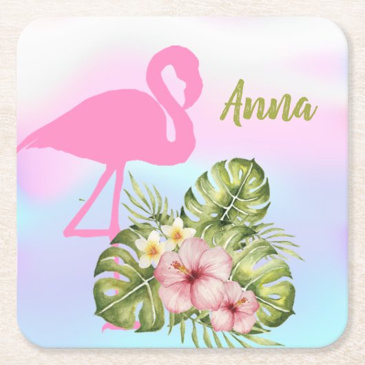 Roze flamingo Hibiscus Holographic Kartonnen Onderzetters (Voorkant)