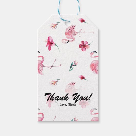 Roze Flamingo & Hibiscus Tropisch Feest Geschenk Cadeaulabel (Voorkant)
