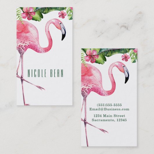 Roze Flamingo & Hibiscus Tropische Bloembladeren Visitekaartje (Voorkant / Achterkant)