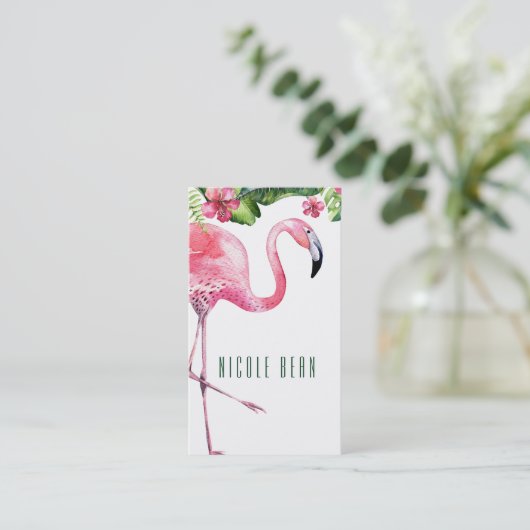 Roze Flamingo & Hibiscus Tropische Bloembladeren Visitekaartje (Staand voorkant)