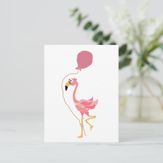 Roze Flamingo Holding Ballon Briefkaart (Staand voorkant)