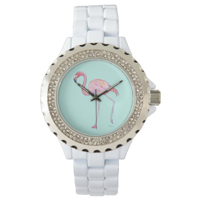 Roze Flamingo Horloge - Mint groen (Voorkant)