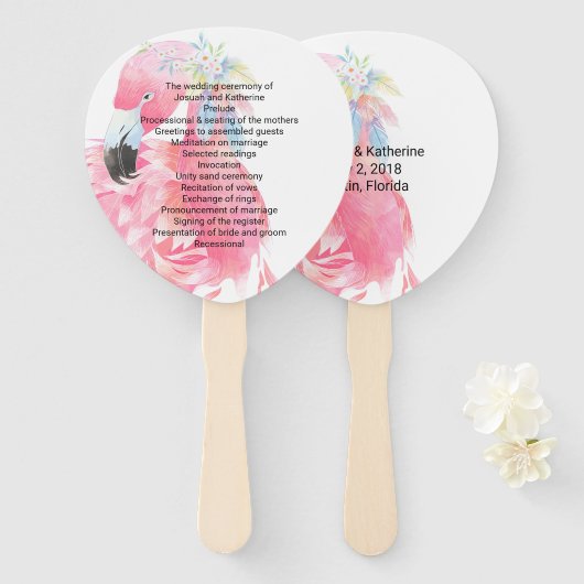 Roze Flamingo Huwelijksprogramma Waier Handwaaier (Voorkant en achterkant)
