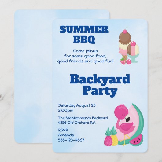 Roze Flamingo Ice Cream BBQ Party nodigt uit Kaart (Voorkant / Achterkant)