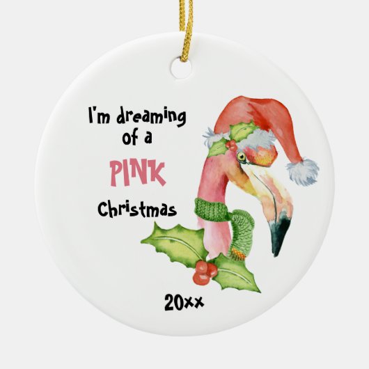 Roze Flamingo Ik droom van een roze Kerstmis Keramisch Ornament (Voorkant)