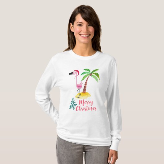 Roze flamingo in een kerstman met tropische kerstm t-shirt (Voorkant volledig)