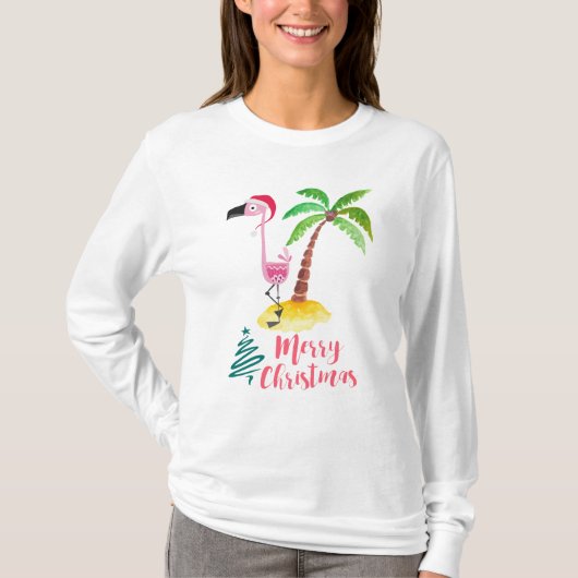 Roze flamingo in een kerstman met tropische kerstm t-shirt (Voorkant)