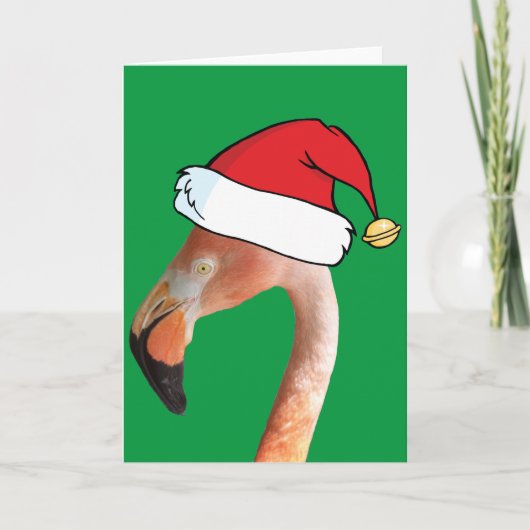 Roze flamingo in een rode cartoon kerstman hoed feestdagen kaart (Voorkant)