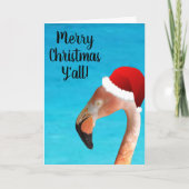 Roze flamingo in een rode cartoon kerstman hoed feestdagen kaart (Voorkant)