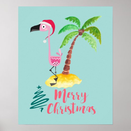 Roze flamingo in een Santa Hat met een palmboom Poster (Voorkant)