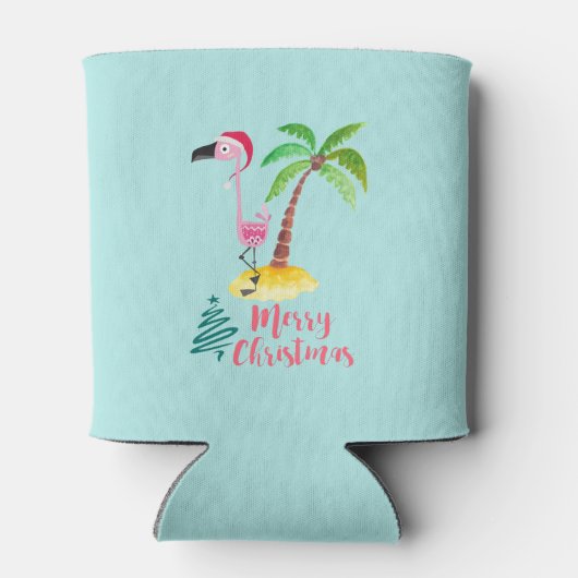 Roze flamingo in een Santa Hat met een palmboomwor Blikjeskoeler (Achterkant)